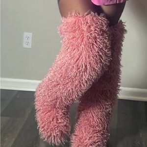 Fuzzy Pink Shaggy Thigh-High Boots